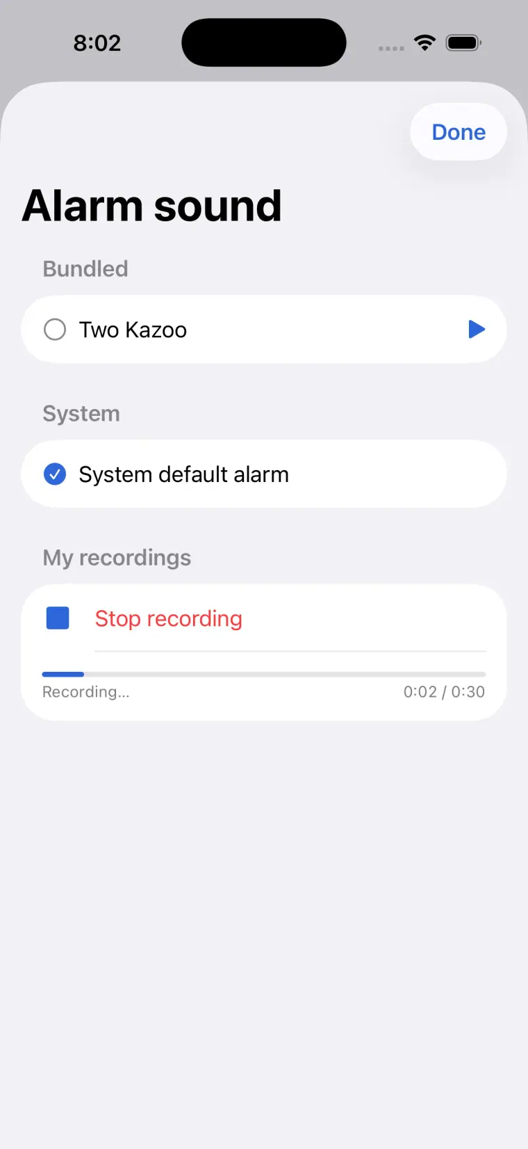 CheckAlarm iOS screen recording a custom alarm sound