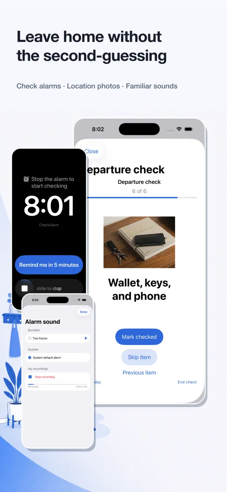 CheckAlarm on iOS showing a departure alarm, a checklist item, and alarm sound choices