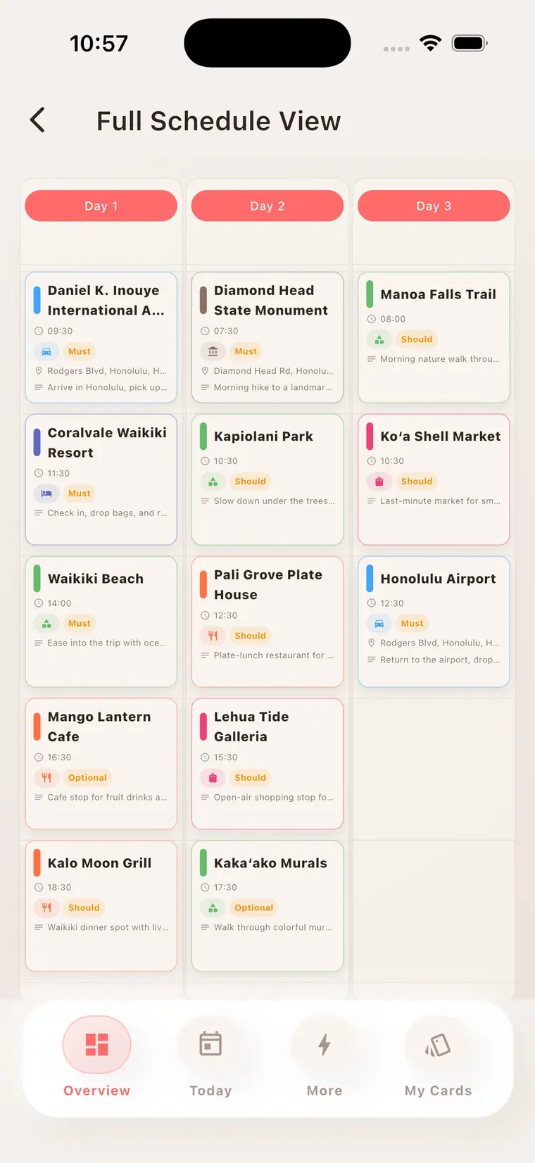 Screenshot of OnTravelPlan showing Full schedule
